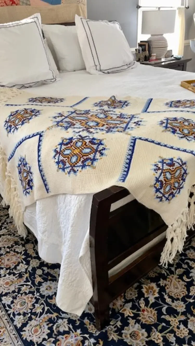 Handmade Knitted Needlepoint Style Afghan Throw Blanket 40x60 Blue Gold Cottage